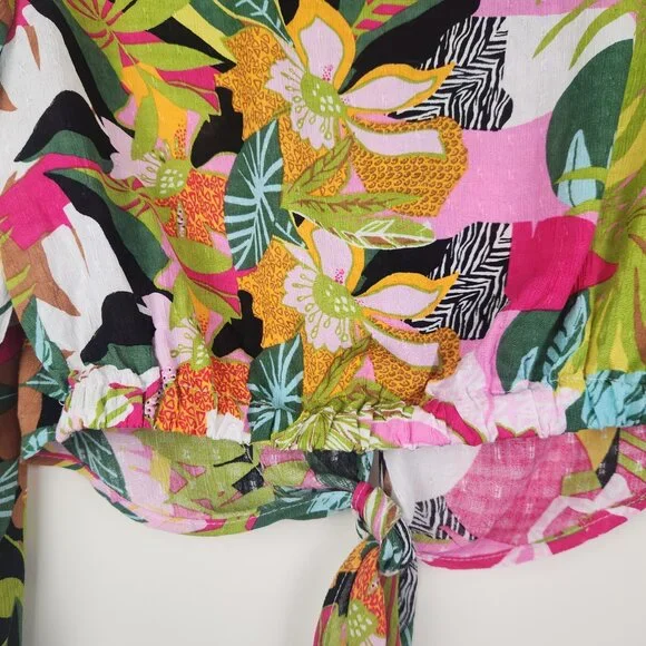 Rachel Roy Size S Colorful Floral Tropical Print Tie Hem Long Sleeve Top Blouse - Picture 7 of 10